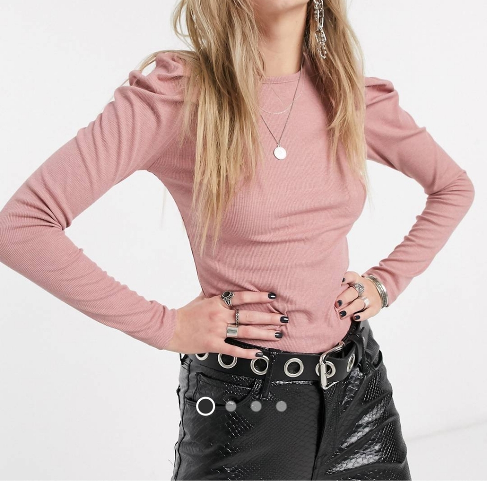 Bershka pink ribbed puff sleeve tee shirt